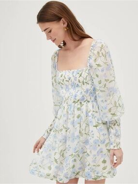 Hill House Grace Long Sleeve Mini Dress Blue Green Peony XXS